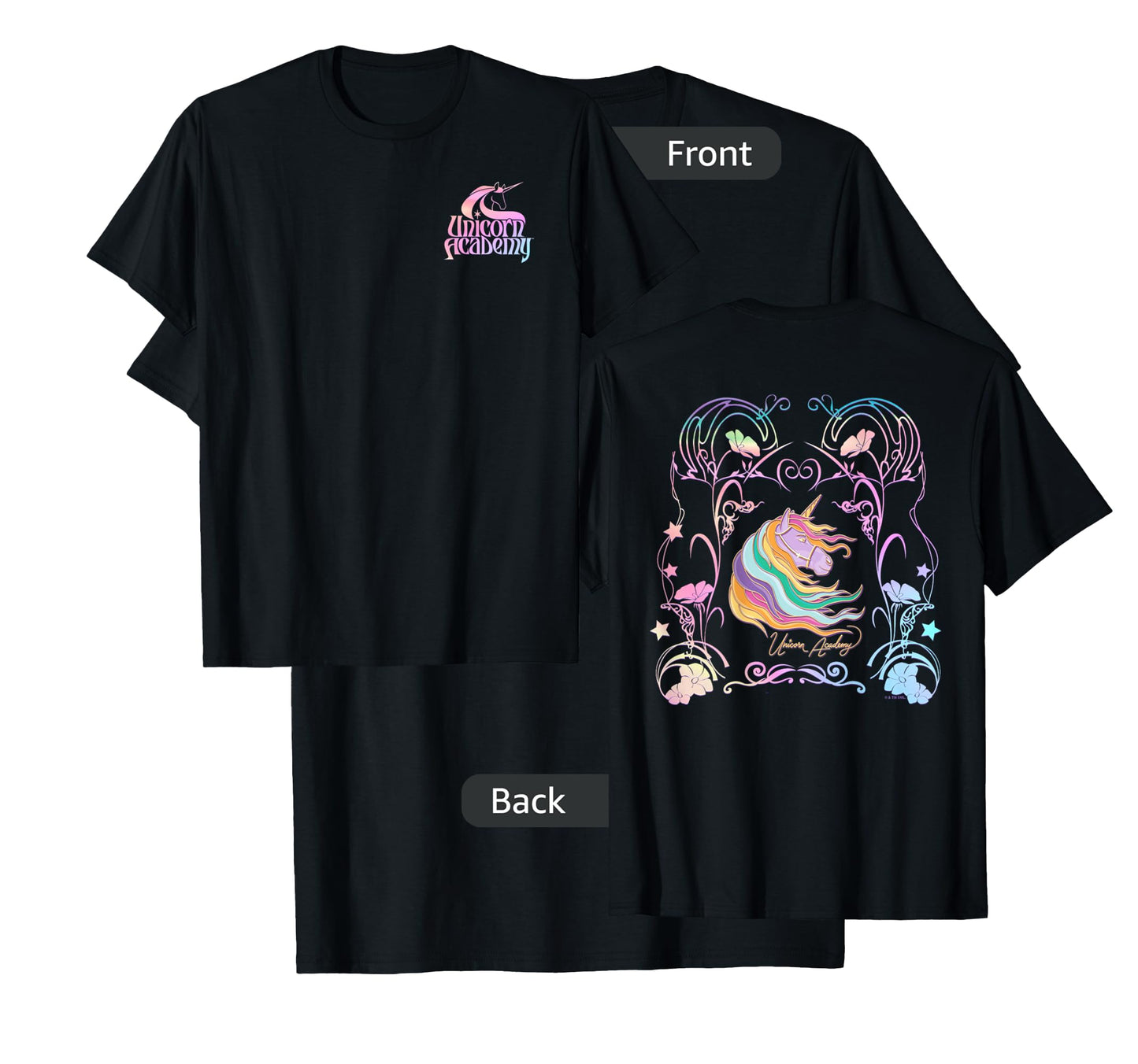 Unicorn Academy Enchanting Graphic Logo Front and Back Print T-Shirt