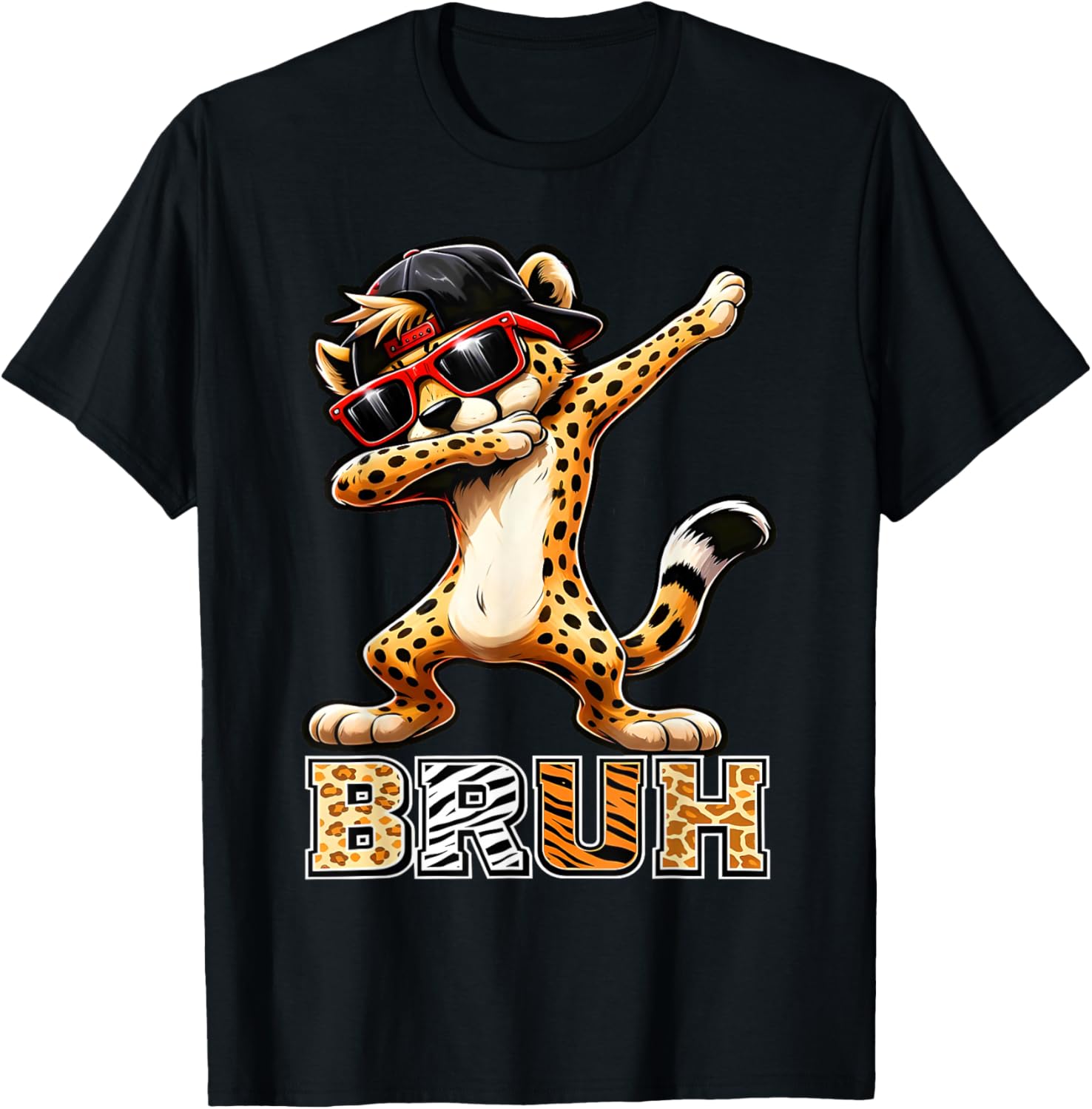 Bruh Cheetah Meme Graphic Tee Men Boys Animal Print Kids T-Shirt - T-Shirt | Black