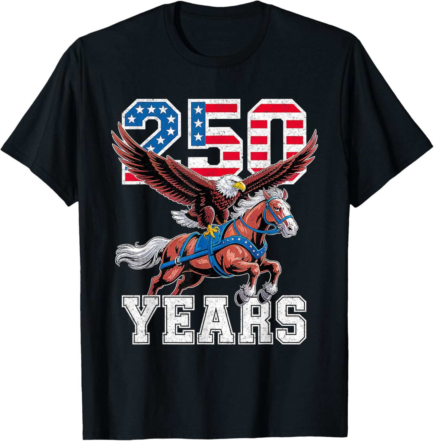Retro USA 250th Anniversary Bald Eagle and Clydesdale Horse T-Shirt T-Shirt - T-Shirt | Black