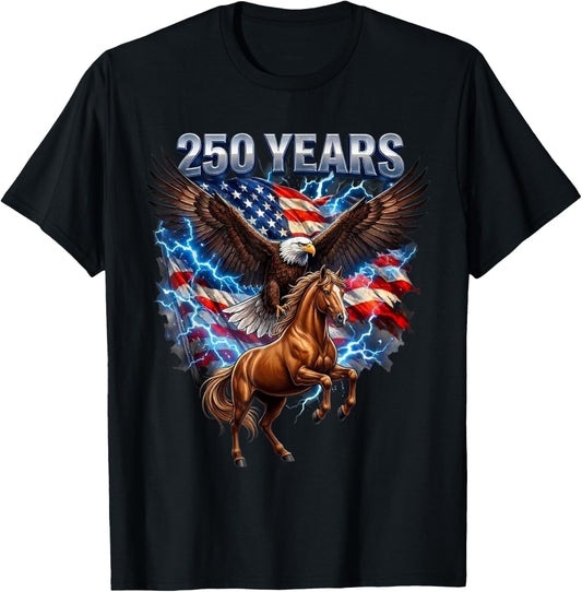 USA 250th Anniversary Bald Eagle & Clydesdale Horse T-Shirt - T-Shirt | Black