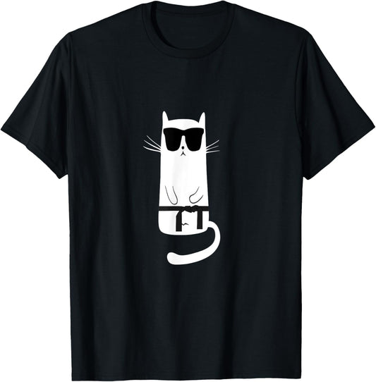 Funny Cat Wearing Sunglasses Karate Judo Black Belt T-Shirt