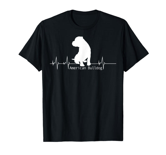 Lovemybello Hunde Designs American Bulldog Heartbeat T-Shirt - Men's Unisex Black Small Classic Fit Short Sleeve