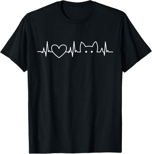 Cute Heartbeat Cat Lover Tee Women Men Cat Kitten T-Shirt
