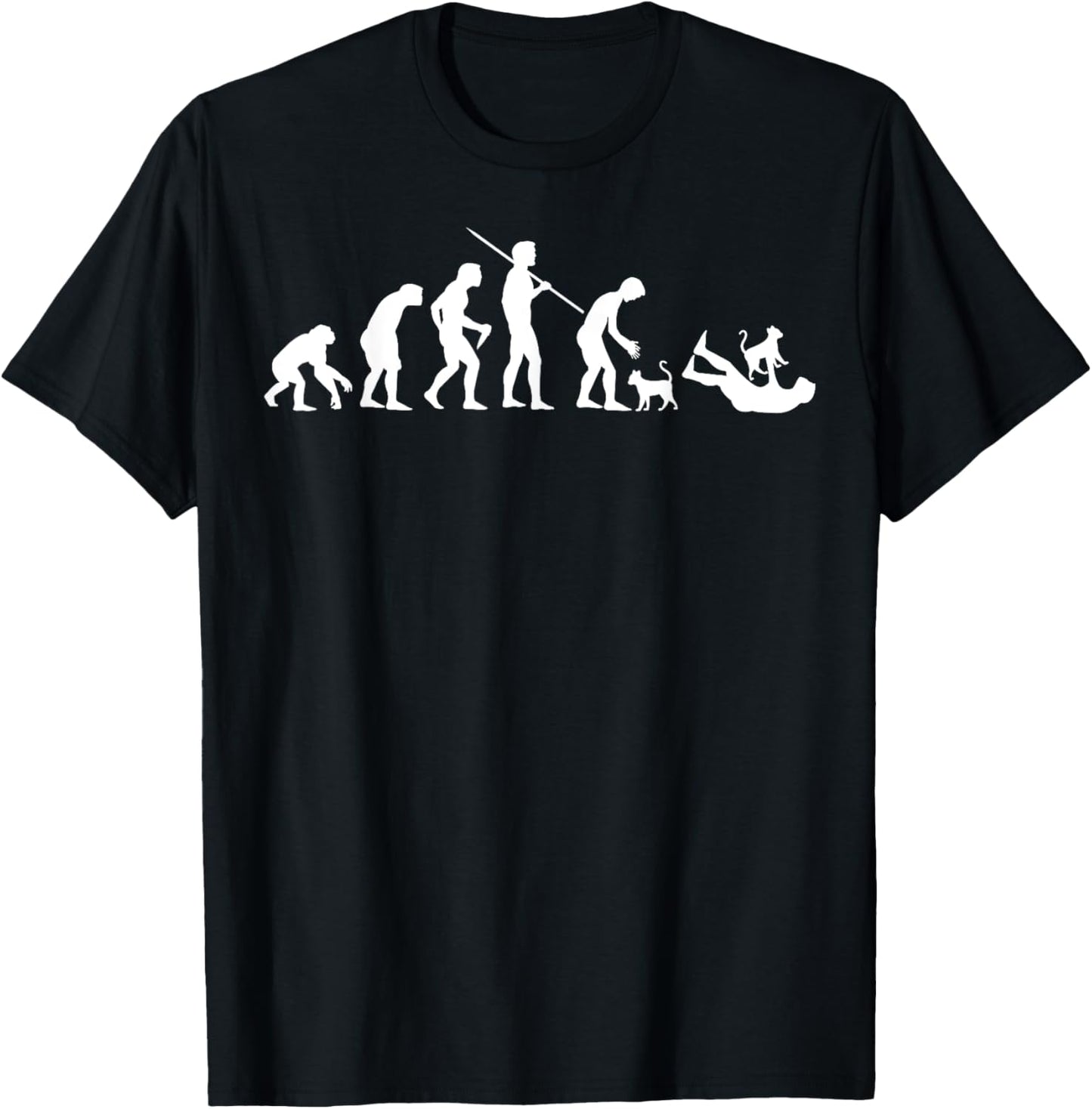 Evolution of Man with Cats Unisex-Adult Black Cartoon T-Shirt