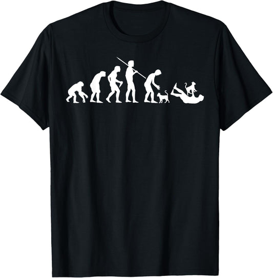 Evolution of Man with Cats Unisex-Adult Black Cartoon T-Shirt