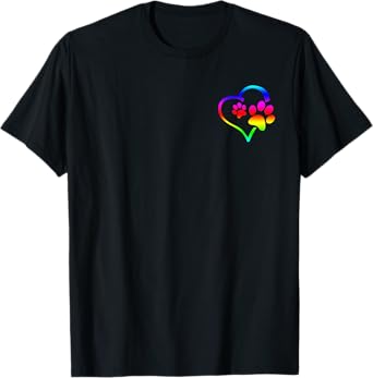 Rainbow Dog Paw Print Rescue Lover Gift Heart Black Men Women Kids T-Shirt