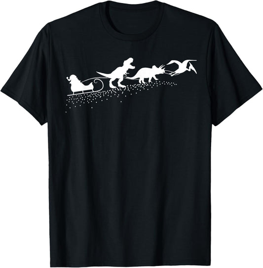Funny Santa Hat Sleigh Dinosaurs Men's Women's Christmas T-Shirt