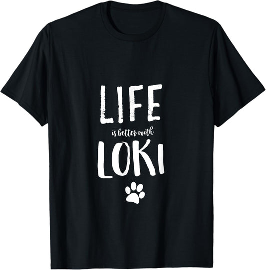Loki Cat Name T-Shirt Gift Shirt T-Shirt - Black, Unisex, Small, Modern, Letter Print, Short Sleeve, Pull On, Classic Fit, Cat Lovers, Loki Owners