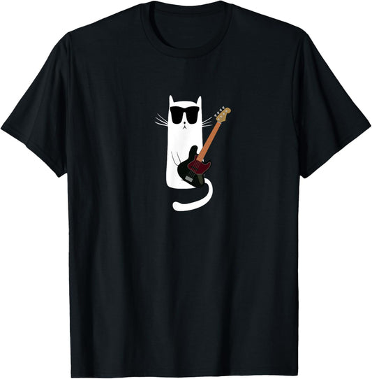 Funny Cat Wearing Sunglasses Playing Bass Guitar T-Shirt