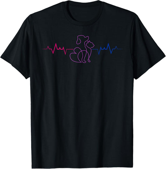 Bisexual Pride Heartbeat with Cat and Dog Silhouette T-Shirt