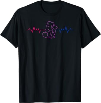 Bisexual Pride Heartbeat with Cat and Dog Silhouette T-Shirt for Men Women