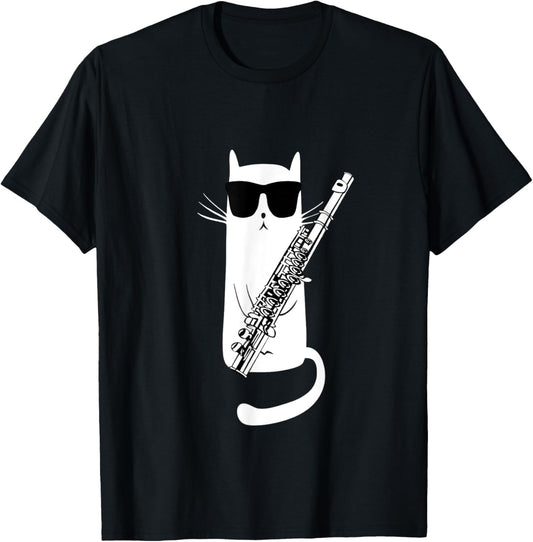 Funny Cat Wearing Sunglasses Playing Flute T-Shirt