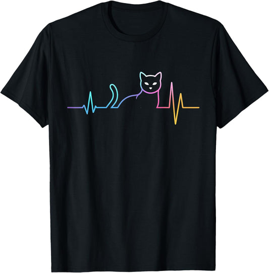 Colorful Heartbeat Cat Funny Cat Lover Fans Women Men Kids T-Shirt