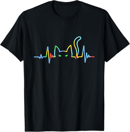 Funny Heartbeat Cat Lover Animal Silhouette Cute Cat Design T-Shirt