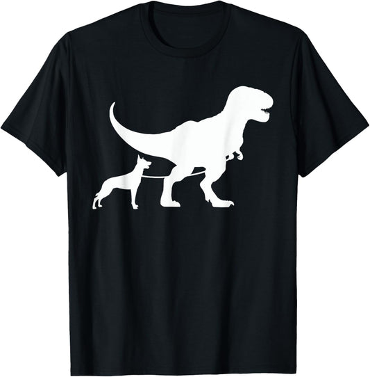 T-Rex Walking a Dog Funny Belgian Malinois Dad Dog Lovers Men Women Kids T-Shirt