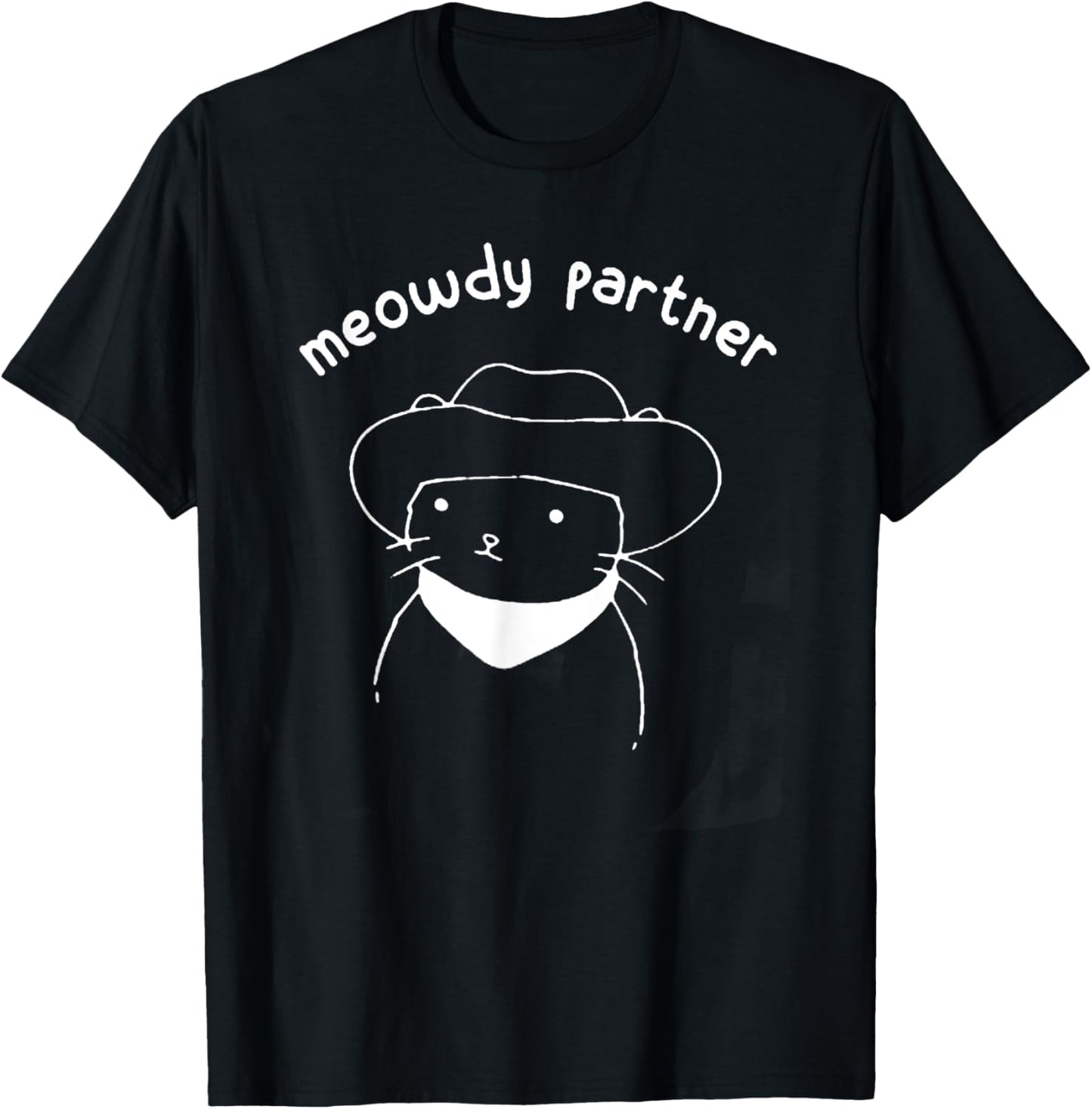Meowdy Partner Howdy Cowboy Cat T-Shirt - Black, Unisex-Adults, Short Sleeve, Small, Cotton 60% Polyester 40%