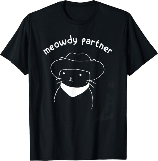 Meowdy Partner Howdy Cowboy Cat T-Shirt - Black, Unisex-Adults, Short Sleeve, Small, Cotton 60% Polyester 40%