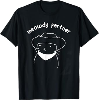 Funny Cat Gift Tee Meowdy Partner Howdy Cowboy Cat T-Shirt - Black, Unisex-Adults, Short Sleeve, Small, Cotton 60% Polyester 40%