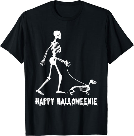 Happy Halloweenie Skeleton Walking Dachshund Dog Halloween T-Shirt