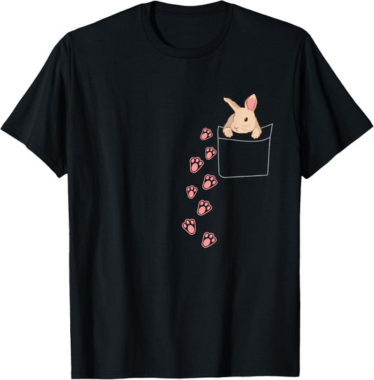 Easter Cute Bunny in Shirt Pocket Tee Rabbit Footprints T-Shirt