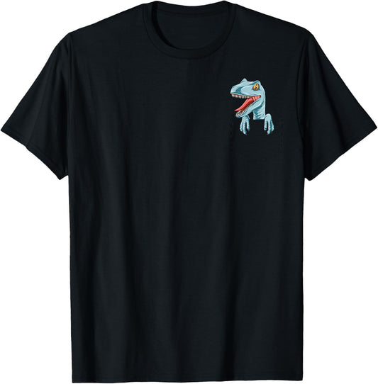 Dinosaur Pocket Velociraptor Peeking Out Pocket Dinosaur T-Shirt