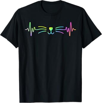 Colorful Heartbeat Cat Lover Animal Silhouette Cute Cat T-Shirt