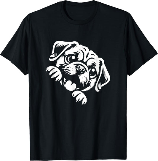 Cute Puggle Peeking Dog Graphic Design T-Shirt, Small, Black