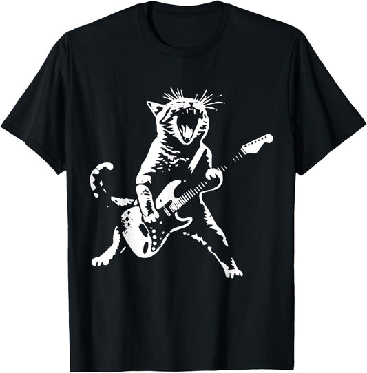 Rock Cat Playing Guitar - Funny Guitar Cat T-Shirt