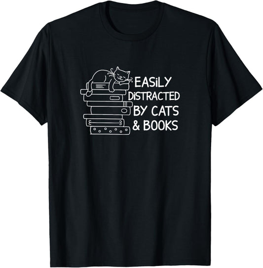 Easily Distracted By Cats And Books, Book Lover, Funny Cat T-Shirt