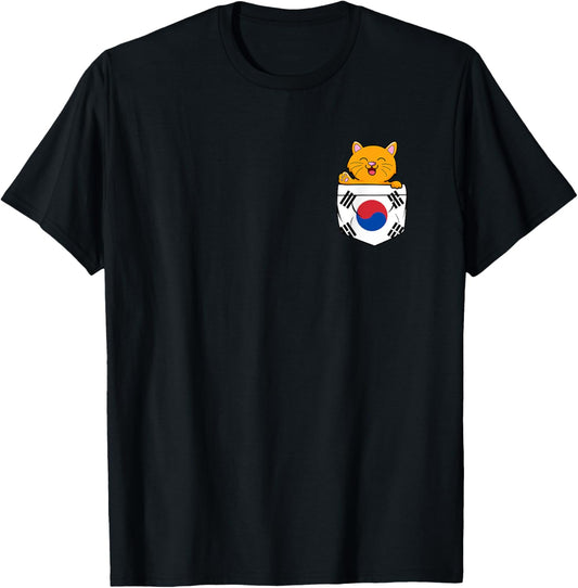 Cat In Pocket South Korean Flag South Korea Roots T-Shirt