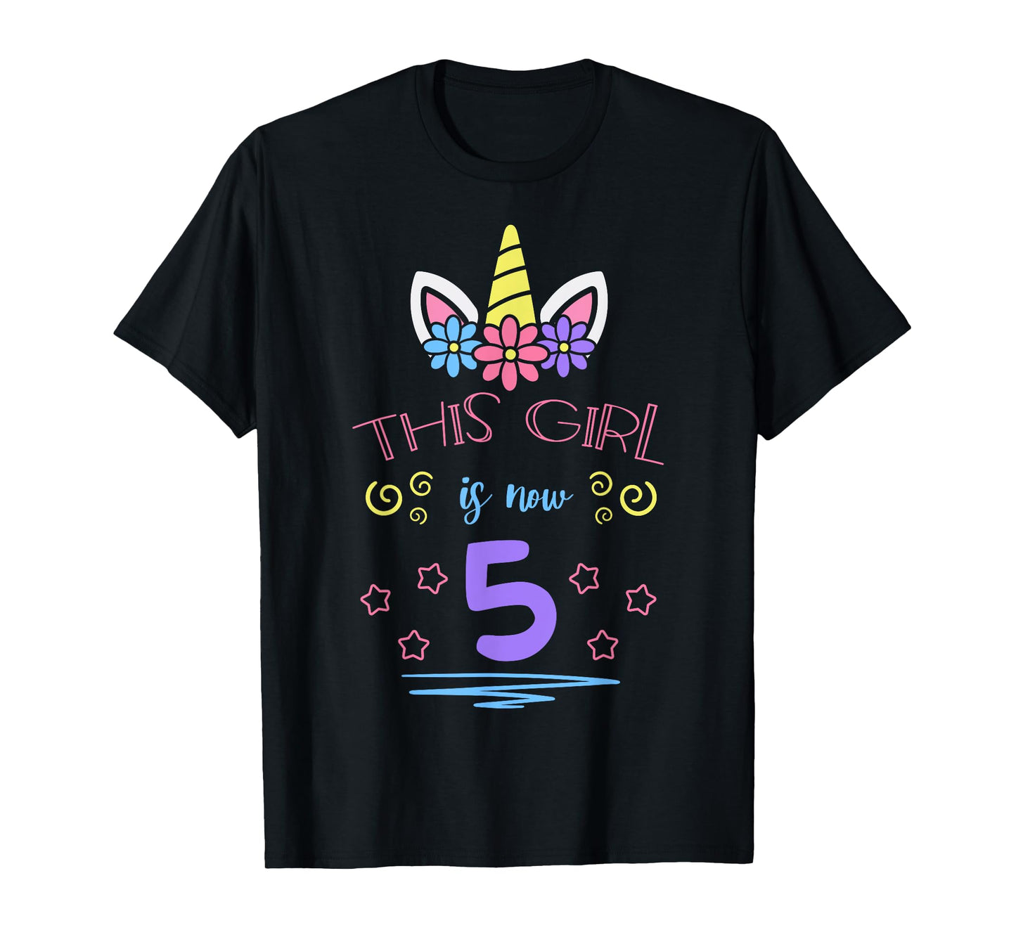 This Girl Is Now 5 Birthday Unicorn Floral Horn Theme Party T-Shirt