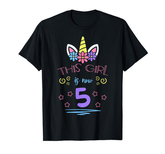 This Girl Is Now 5 Birthday Unicorn Floral Horn Theme Party T-Shirt
