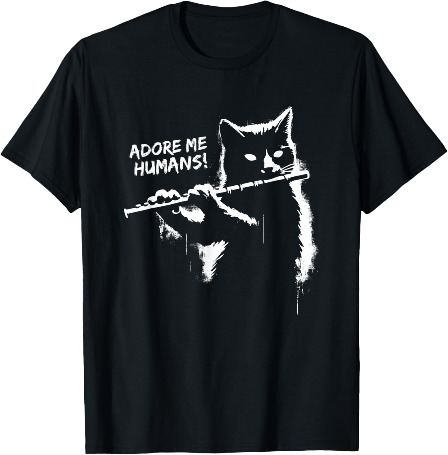 Black Cat Playing Flute - Funny Graphic Cat Kitten Lover T-Shirt, Small