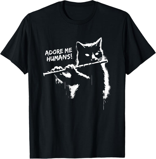Black Cat Playing Flute - Funny Graphic Cat Kitten Lover T-Shirt, Small