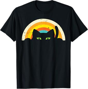 Peeping Black Cat Rainbow Vintage Halloween Men Women Kids T-Shirt