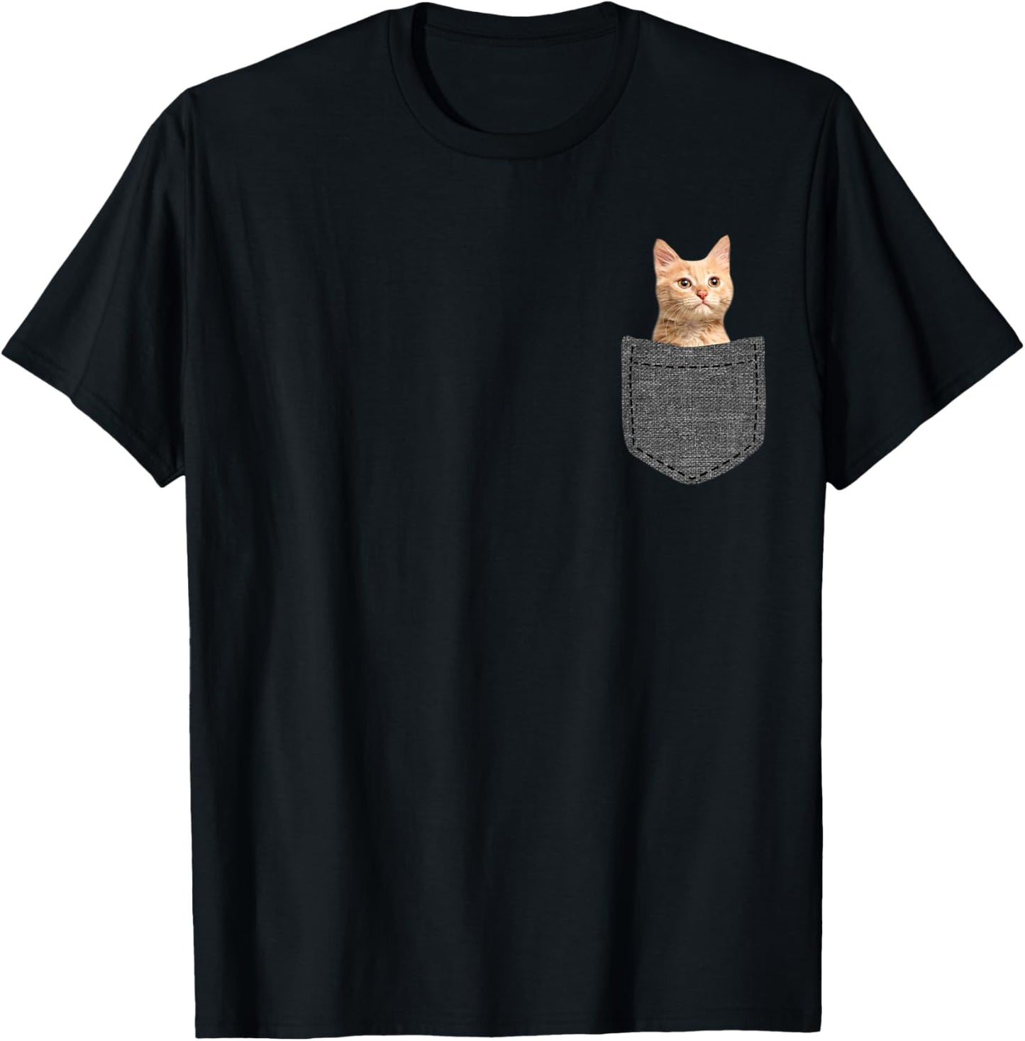 Unisex Cat in Pocket T-Shirt Black Small Modern Classic Crew Neck Short Sleeve Cat Patch Pocket T-Shirt