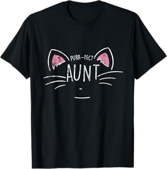 Funny Purr-fect Aunt Auntie Cat Lover Pet Unisex-Adults Black Cotton Blend Short Sleeve Classic Fit T-Shirt Small