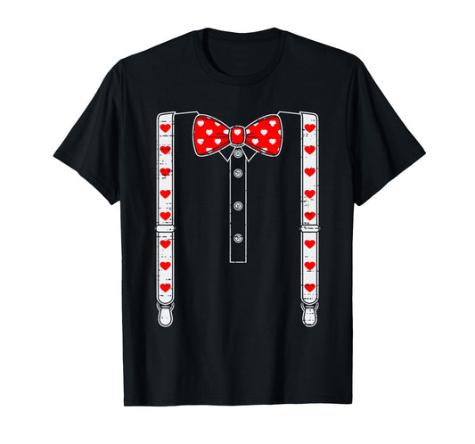 Valentines Day Suspenders And Hearts Bow Tie Boys Teens Kids T-Shirt