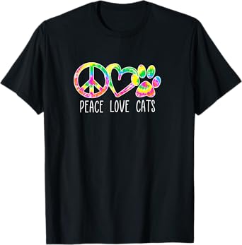 Cat Lover Shirts Peace Love Cats Kittens Paw Bright Tie Dye T-Shirt