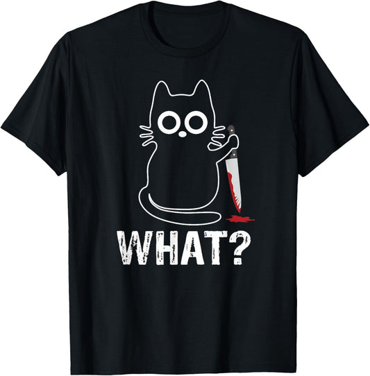 What? - Funny Cat With Knife Graphic Design T-Shirt, Small, Black