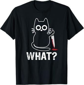 Tech-Tees Cats What? - Funny Cat With Knife Graphic Design T-Shirt, Small, Black
