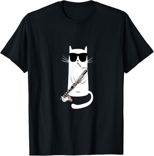 Funny Cat Wearing Sunglasses Playing Bass Clarinet T-Shirt