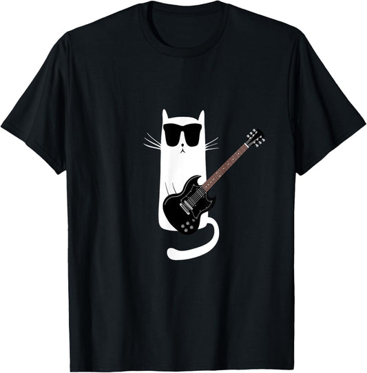 Funny Cat Wearing Sunglasses Playing Electric Guitar T-Shirt