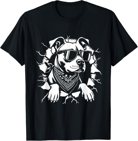 Cool American Pitbull Terrier Dog Sunglasses Graphic Design T-Shirt