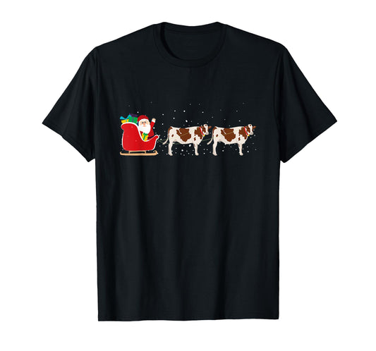 Cow Santa Christmas Sleigh - Funny Cow Xmas T-Shirt