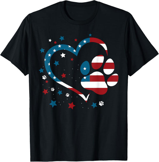 Patriotic Dog & Cat Paw Print Heart 4th Of July America Flag T-Shirt