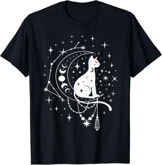 Celestial Cat, Crescent Moon, Star Constellation, Astrology T-Shirt