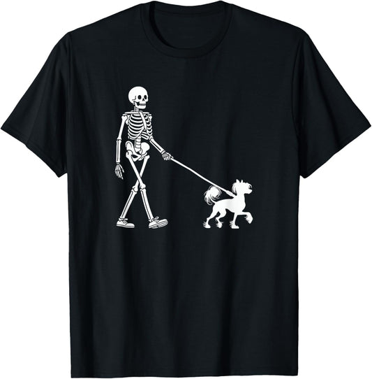 Skeleton Walking a Dog Chinese Crested Dog Halloween Outfit T-Shirt