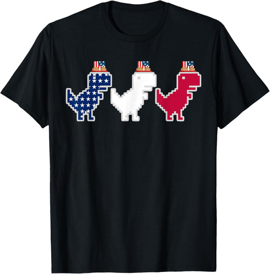 Red White Blue Dinosaur T rex Pixel 4th of July Memorial Day T-Shirt