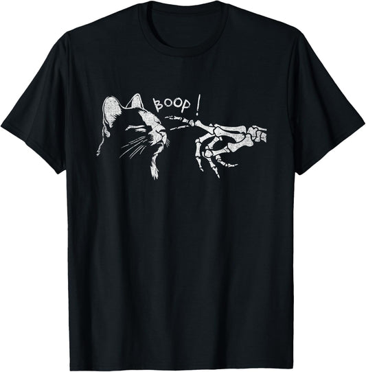 Black Cat Skeleton Hand Boop On A Cat's Nose Funny Halloween T-Shirt